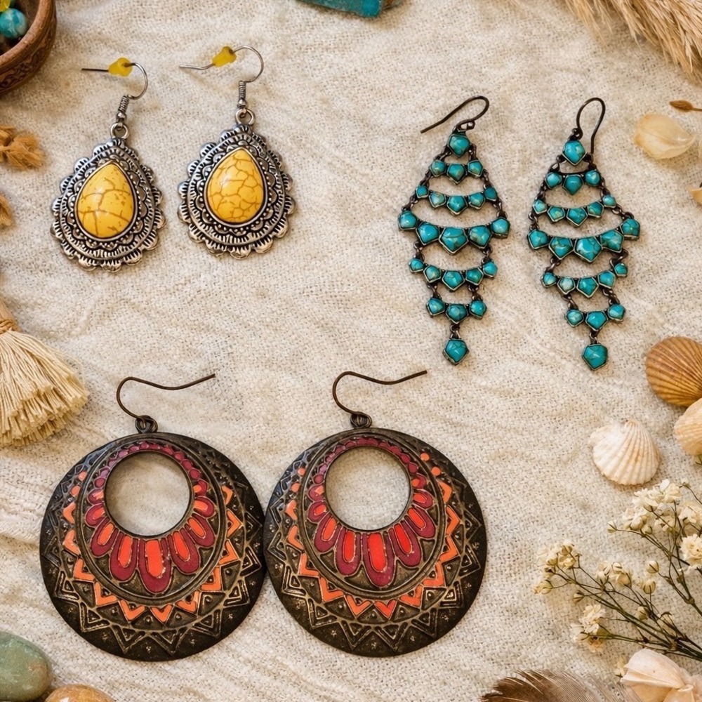Bohemian‎ Dangle Earring Bundle Multicolor Excellent 3 Pair Set Boho Festival